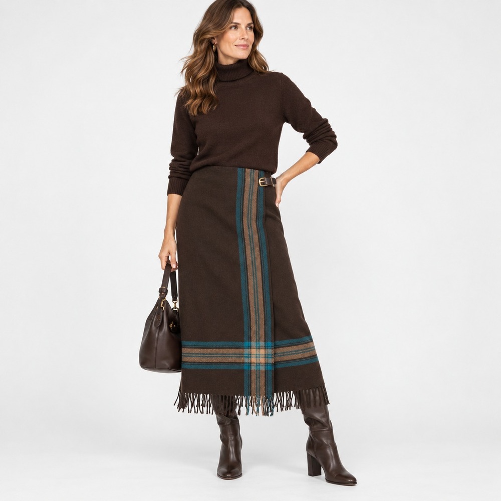Vintage Blanket Wrap Skirt Womens 8 Brown Wool Blend Fringe Western Classic Y2K